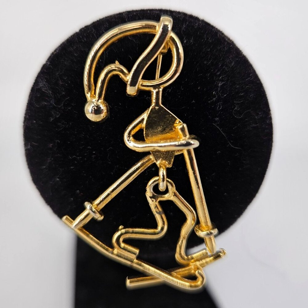 Brooch Pin Gold Tone Articulated Dangle Skier Snow Cross Country Santa Jewelry